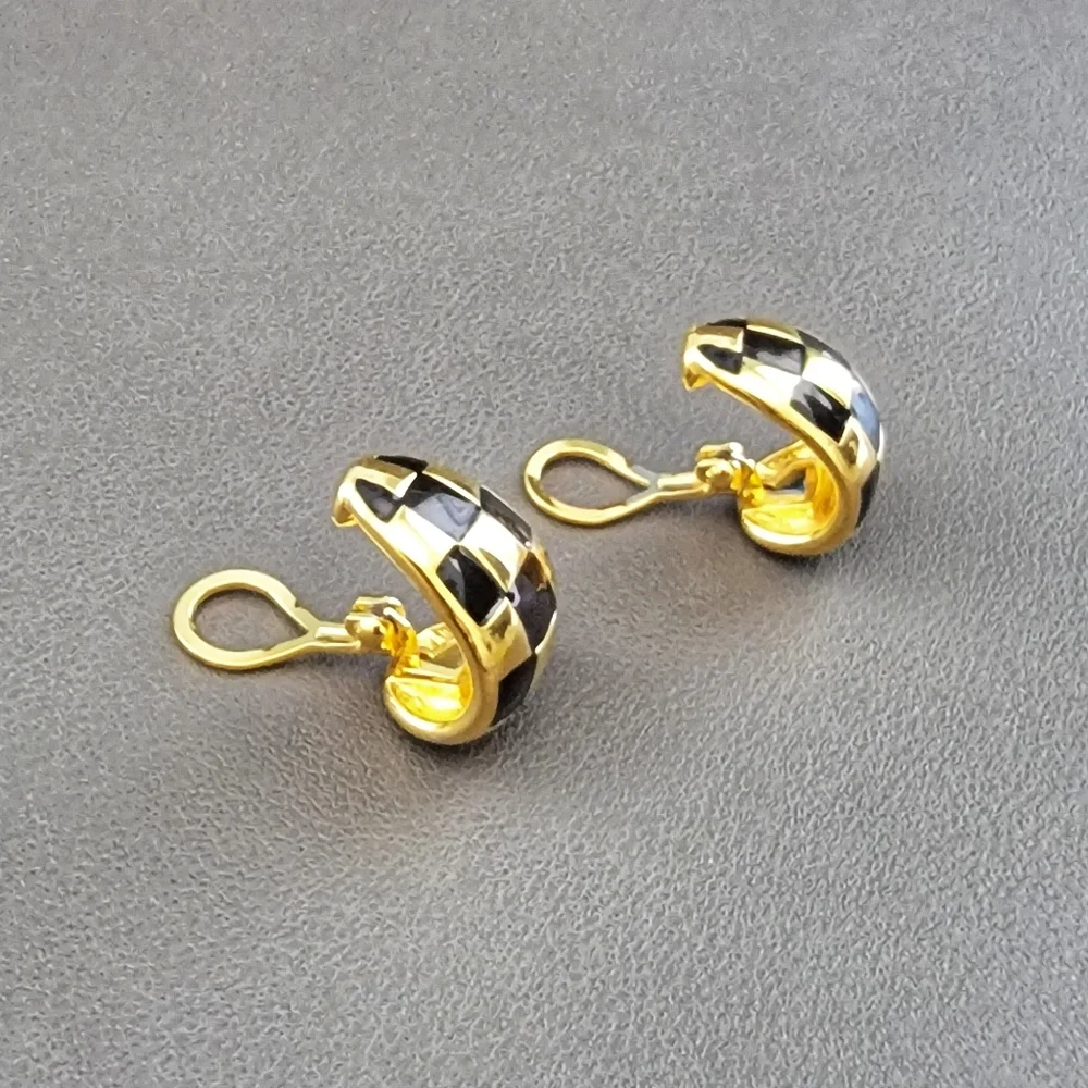 Enamel checkered half hoop clip on earrings